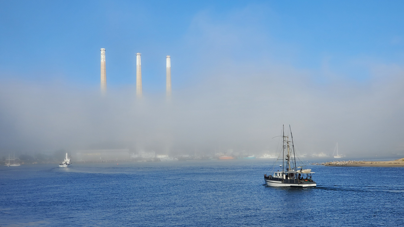 Fogged Power Plant Stacks